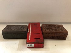 2 X CARVED VINTAGE WOODEN BOXES AND A MONEY BOX (DELIVERY ONLY)