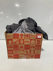 BOX OF ASSORTED ADULT CLOTHING TO INCLUDE HOODED LONG PUFFER COAT DARK GREY SIZE 2XL (DELIVERY ONLY)