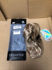 QUANTITY OF ASSORTED ITEMS TO INCLUDE FESHFEN INVISIBLE WIRE HAIR EXTENSIONS WITH TRANSPARENT WIRE ADJUSTABLE SIZE WITH CLIPS SYNTHETIC HAIR PIECE LONG WAVY SECRET HEADBAND HAIRPIECES FOR WOMEN 18 IN