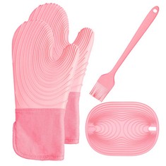 15 X SILICONE OVEN GLOVES HEAT RESISTANT 572?.,SILICONE OVEN MITTS WITH NON-SLIP POT HOLDER AND SILICONE OIL BRUSH KITCHEN ACCESSORIES FOR COOKING BAKING GRILLING BARBECUE BBQ MICROWAVE GAUNTLET-PINK