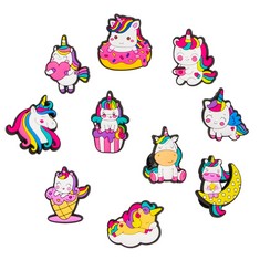 QUANTITY OF ASSORTED ITEMS TO INCLUDE SHOE CHARMS, 10PCS DIFFERENT UNICORN SHOE DECORATION FOR CROC CHARMS CARTOON PVC SHOE ACCESSORIES FOR CLOG SANDALS BRACELET WRISTBAND ACCESSORIES PARTY FAVORS A7