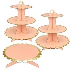 15 X 3 PACK CARDBOARD CUPCAKE STAND, 3 TIER DESSERT TOWER AND 1TIER CAKE STAND FOR BIRTHDAY, BABY SHOWER, WEDDING, PARTY, DESSERT STAND ROUND TOWER, DISPLAY STAND FOR CAKES , ROUND PINK  - TOTAL RRP