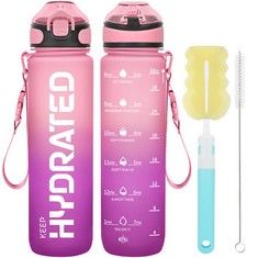 19 X GOSWAG 1000ML SPORTS WATER BOTTLE WITH STRAW AND CARRY STRAP, 1 LITRE BPA-FREE AND LEAK-PROOF WATER BOTTLE WITH TIME MARKINGS AND MOTIVATIONAL QUOTES, WATER BOTTLE CLEANER KIT INCLUDED, UNICORN