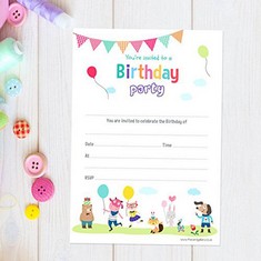 QUANTITY OF ASSORTED ITEMS TO INCLUDE DOTTY ABOUT PAPER KIDS PARTY ANIMALS - INVITATION SHEETS & ENVELOPES - PACK OF 20. 143 X 205MM, PERFECT FOR GIRLS/BOYS KIDS BIRTHDAYS, CELEBRATIONS, PARTIES. ENV