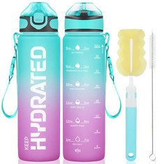 16 X GOSWAG 1000ML SPORTS WATER BOTTLE WITH STRAW AND CARRY STRAP, 1 LITRE BPA-FREE AND LEAK-PROOF WATER BOTTLE WITH TIME MARKINGS AND MOTIVATIONAL QUOTES, WATER BOTTLE CLEANER KIT INCLUDED, MOON LIG