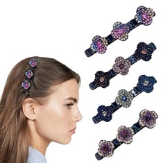 QUANTITY OF 4PCS THREE FLOWER SIDE HAIR CLIPS?SPARKLING CRYSTAL STONE BRAIDED HAIR CLIPS FOR WOMEN?MULTI CLIP HAIR BARRETTE?SPARKLING RHINESTONE HAIR CLIP FOR STYLING SECTIONING - TOTAL RRP £438: LOC