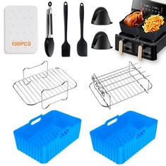 QUANTITY OF ASSORTED ITEMS TO INCLUDE SILICONE AIR FRYER LINERS,SET OF 10 AIR FRYER ACCESSORIES FOR NINJA DUAL AF300UK AF400UK AF451UK,AIR FRYER LINERS,SILICONE GLOVES,FOOD TONG,PAPER LINING ETC COMP