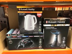 QUANTITY OF ITEMS TO INCLUDE RUSSELL HOBBS TEXTURES ELECTRIC 1.7L CORDLESS KETTLE (FAST BOIL 3KW, WHITE PREMIUM PLASTIC, MATT & HIGH GLOSS FINISH, REMOVABLE WASHABLE ANTI-SCALE FILTER, PUSH TO OPEN L
