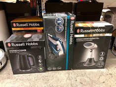 QUANTITY OF ITEMS TO INCLUDE RUSSELL HOBBS HONEYCOMB ELECTRIC 1.7L CORDLESS KETTLE (FAST BOIL 3KW, BLACK PREMIUM PLASTIC, MATT & HIGH GLOSS FINISH, REMOVABLE WASHABLE ANTI-SCALE FILTER, PUSH BUTTON L