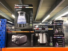 QUANTITY OF ITEMS TO INCLUDE RUSSELL HOBBS BRUSHED STAINLESS STEEL & BLACK ELECTRIC 1.7L CORDLESS KETTLE WITH BLACK HANDLE (FAST BOIL 3KW, REMOVABLE WASHABLE ANTI-SCALE FILTER, PULL OFF LID, PERFECT