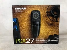SHURE PG ALTA LARGE-DIAPHRAGM SIDE-ADDRESS CARDIOID CONDENSER MICROPHONE WITH SHOCK-MOUNT AND CARRYING CASE, NO CABLE (PGA27-LC).: LOCATION - TOP50