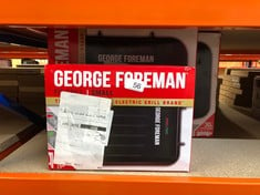 QUANTITY OF ITEMS TO INCLUDE GEORGE FOREMAN SMALL ELECTRIC FIT GRILL [NON STICK, HEALTHY, GRIDDLE, TOASTIE, HOT PLATE, PANINI, BBQ, ENERGY SAVING, VERTICAL STORAGE, EASY CLEAN, DRIP TRAY, READY TO CO