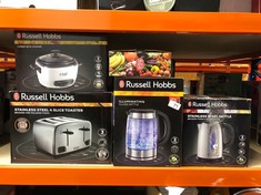 QUANTITY OF ITEMS TO INCLUDE RUSSELL HOBBS ILLUMINATING 1.7L ELECTRIC CORDLESS GLASS KETTLE WITH BLACK/BRUSHED STAINLESS STEEL ACCENTS (FAST BOIL 3KW, WASHABLE ANTI-SCALE FILTER, BUTTON TO OPEN LID,