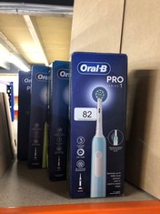 QUANTITY OF ITEMS TO INCLUDE ORAL-B PRO 1 ELECTRIC TOOTHBRUSHES FOR ADULTS WITH 3D CLEANING, GIFTS FOR WOMEN / MEN, 1 TOOTHBRUSH HEAD, GUM PRESSURE CONTROL, 2 PIN UK PLUG, BLUE: LOCATION - A
