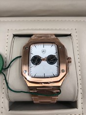MENS RAYMOND GAUDIN WATCH MULTI FUNCTION DIAL STAINLESS CASE & STRAP 5ATM WATER RESISTANT WOODEN GIFT BOX EST £980: LOCATION - A RACK