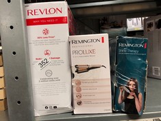 QUANTITY OF ITEMS TO INCLUDE REMINGTON PROLUXE 4-IN-1 HAIR WAVER - ADJUSTABLE BARREL CREATES 4 DIFFERENT WAVE STYLES, CERAMIC GRIP TECH COATING , 150°C - 210°C, FAST 30 SEC HEAT UP, WORLDWIDE VOLTAGE