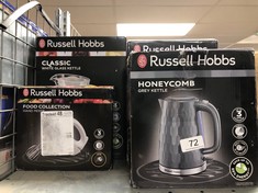 QUANTITY OF ITEMS TO INCLUDE RUSSELL HOBBS HONEYCOMB ELECTRIC 1.7L CORDLESS KETTLE (FAST BOIL 3KW, GREY PREMIUM PLASTIC, MATT & HIGH GLOSS FINISH, REMOVABLE WASHABLE ANTI-SCALE FILTER, PUSH BUTTON LI