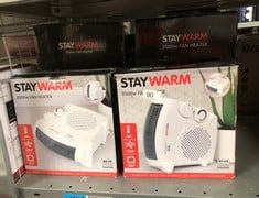 QUANTITY OF ITEMS TO INCLUDE STAYWARM® 2000W UPRIGHT AND FLATBED FAN HEATER WITH 2 HEAT SETTINGS / COOL BLOW FAN / VARIABLE THERMOSTAT / FROST WATCH / OVERHEAT PROTECTION / BEAB SAFETY APPROVED / 3 Y