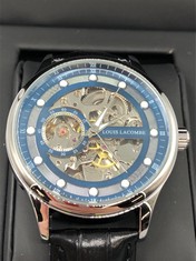 MENS LOUIS LACOBE AUTOMATIC WATCH SKELETON DIAL GLASS EXHIBITION BACK CASE LEATHER STRAP GIFT BOX EST £380: LOCATION - TOP 50 RACK