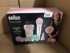 BRAUN BEAUTY SET, EPILATOR FOR WOMEN FOR HAIR REMOVAL, 7 IN 1, INCLUDES LADY SHAVER, FACE EPILATOR FOR WOMEN & EXFOLIATOR, GIFTS FOR WOMEN, UK 2 PIN PLUG, 9-985, WHITE/PINK.: LOCATION - B