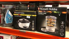 QUANTITY OF ITEMS TO INCLUDE RUSSELL HOBBS 3 TIER ELECTRIC FOOD STEAMER, 9L, DISHWASHER SAFE BPA FREE BASKETS, STACKABLE BASKETS, 1L RICE BOWL INC, 60 MIN TIMER, STEAMS IN 40 SECONDS, HEALTHY EATING,