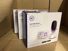 QUANTITY OF ITEMS TO INCLUDE BT SMART VIDEO BABY MONITOR WITH 2.8 INCH COLOUR SCREEN, SMARTPHONE APP, HD AUDIO, NIGHT VISION, HD VIDEO STREAMING, REMOTE PANNING, CONNECT REMOTELY TO SMARTPHONE OR TAB