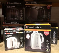 QUANTITY OF ITEMS TO INCLUDE RUSSELL HOBBS TEXTURES ELECTRIC 1.7L CORDLESS KETTLE (FAST BOIL 3KW, WHITE PREMIUM PLASTIC, MATT & HIGH GLOSS FINISH, REMOVABLE WASHABLE ANTI-SCALE FILTER, PUSH TO OPEN L