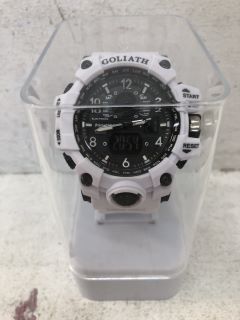 PRIMETIMES GOLIATH. MODEL PT1943. LIGHTWEIGHT ROBUST CHRONOGRAPHIC SPORT WATCH, 56MM DIAL, 18MM THICKNESS, BLACK FACE, WHITE SILICONE STRAP WITH WHITE DETAILING. DIGITAL TIME & DISPLAY, GREEN LIGHT,