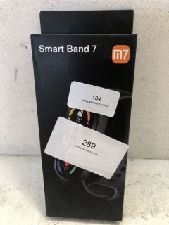 M7 SMART BAND 7 UP TO 30 WORKOUT MODES, WATER RESISTANT TO 50 METRES, SLEEP/BLOOD OXYGEN/STRESS AND BREATH MONITORING, 0.96" FULL AMOLED DISPLAY. SILICONE STRAP. BOXED.