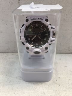 PRIMETIMES GOLIATH. MODEL PT1943. LIGHTWEIGHT ROBUST CHRONOGRAPHIC SPORT WATCH, 56MM DIAL, 18MM THICKNESS, BLACK FACE, WHITE SILICONE STRAP WITH WHITE DETAILING. DIGITAL TIME & DISPLAY, GREEN LIGHT,