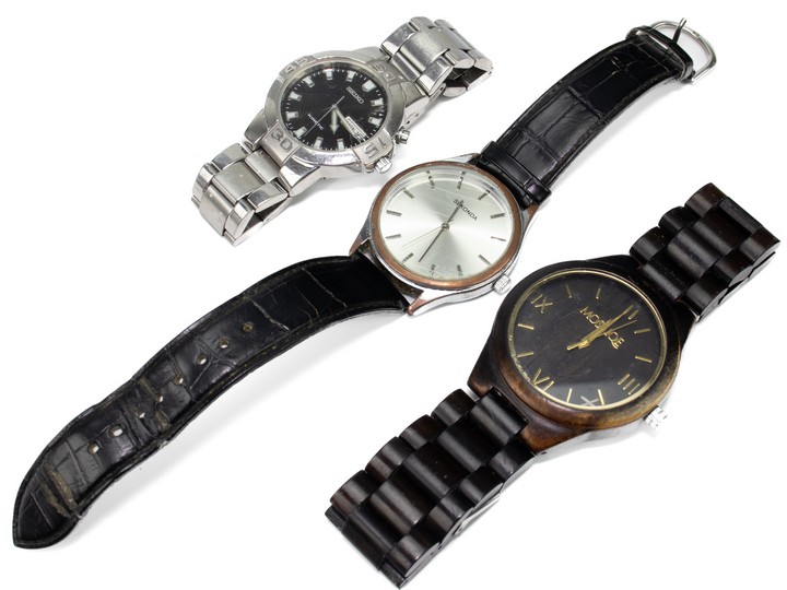Seiko Stainless Steel Black Dial Watch. Sekonda Stainless Steel Grey Dial Black Leather Strap Watch. Mosaiqe Stainless Steel and Brown Plastic Strap. (Not currently Running)) (VAT Only Payable on Buy