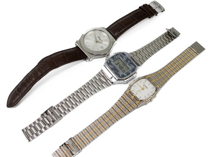 Casio Stainless Steel Digital Watch. Hana Bi-colour Stainless Steel White Dial Watch. Salvatore Ferragamo Firenze FF3 Stainless Steel with Leather Strap Watch. (Not currently Running) (VAT Only Payab