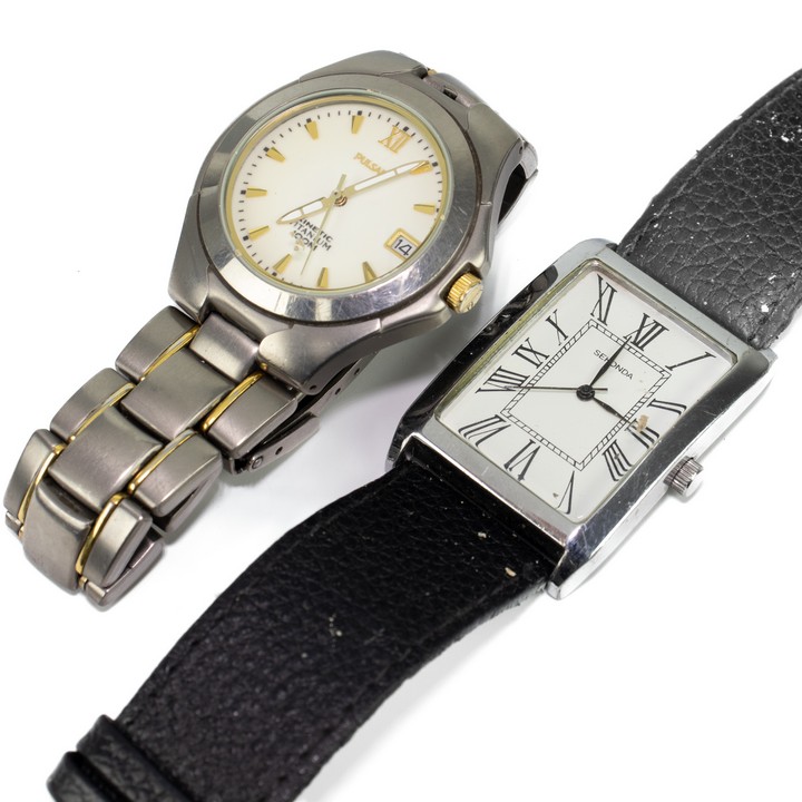 Sekonda Stainless Steel with Black Leather Strap Watch. (Strap Damaged). Pulsar Bi-colour Gold Plated Stainless Steel Cream Face Watch (Not Currently Running)) (VAT Only Payable on Buyers Premium)