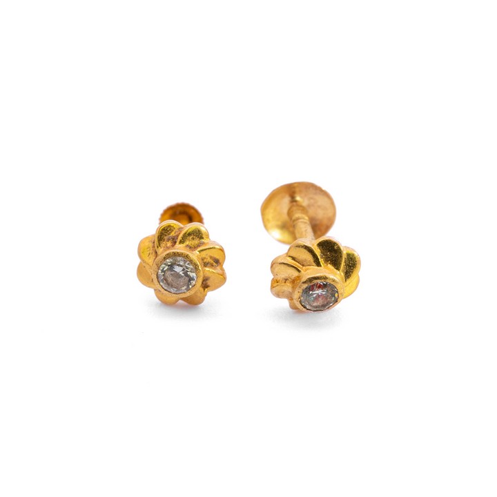 22K Yellow Single Clear Stone with Collar Stud Earrings, 0.6cm, 1.3g (VAT Only Payable on Buyers Premium)