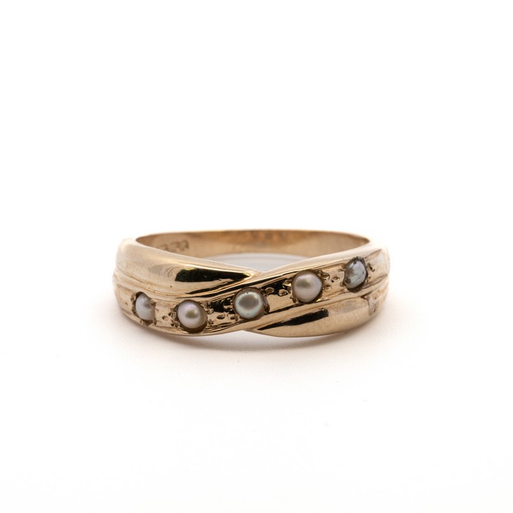 9ct Yellow Gold Pearl Five Stone Two Row Crossover Ring, Size N½, 2.8g.  Auction Guide: £150-£200