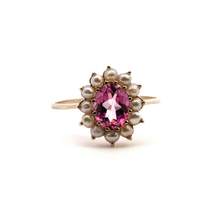 9ct Yellow Gold Pink Topaz with Pearl Halo Ring, Size P½, 1.8g
