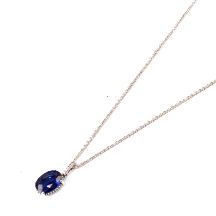 Pandora Silver Blue Faceted Oval-cut Pendant with Clear Stone Halo and Bale and Adjustable Chain, 44cm, 4.3g (VAT Only Payable on Buyers Premium)