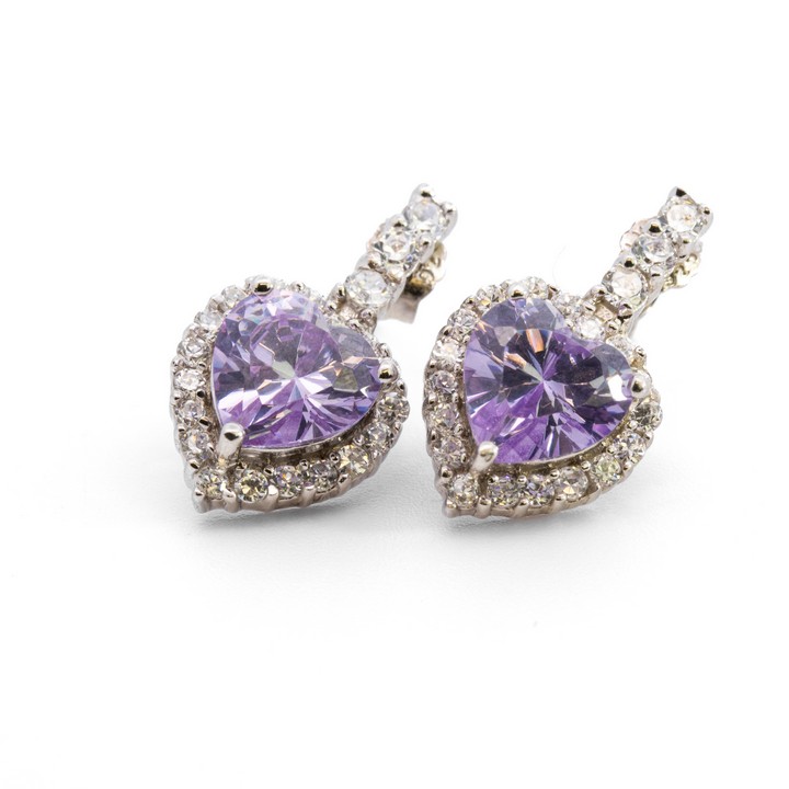Silver Purple Stone Heart with Clear Stone Halo and Bale Drop Earrings, 4.7g (VAT Only Payable on Buyers Premium)