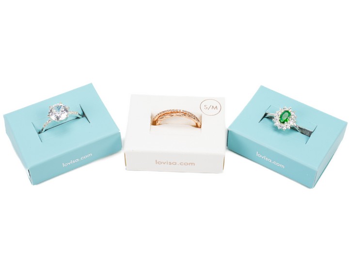 Lovisa Silver Rose Gold Plated Two Ring Stack with Clear Stones, Size L. Lovisa Silver Cubic Zirconia and Shoulders Ring, Size N½. Lovisa Silver Green Stone with Cubic Zirconia Halo Ring, Size L, tot