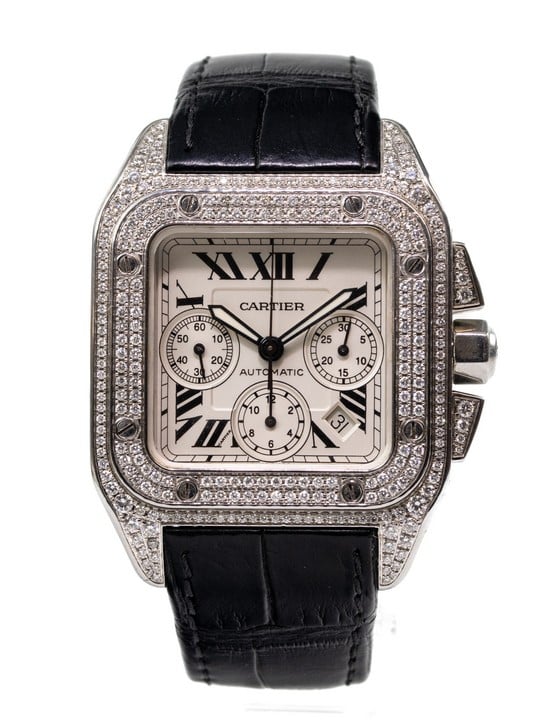 Cartier Santos 100 XL Chronograph Ref: 2740 Automatic Watch. 41mm Stainless Steel Aftermarket Diamond Case with Stainless Steel Aftermarket Diamond Screw-Down Bezel, Cream Dial and Black Leather Stra