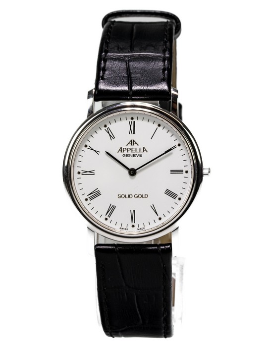 Appella 18ct White Gold White Dial and Black Leather Strap and Steel Buckle. Has Original Box. (Not currently Running).  Auction Guide: £150-£200 (VAT Only Payable on Buyers Premium)