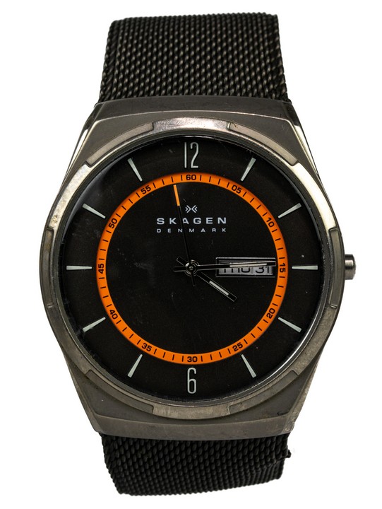 Skagen Titanium Grey Mesh Strap Black and Orange Dial Watch Model SKW6007. Currently running. (VAT Only Payable on Buyers Premium)
