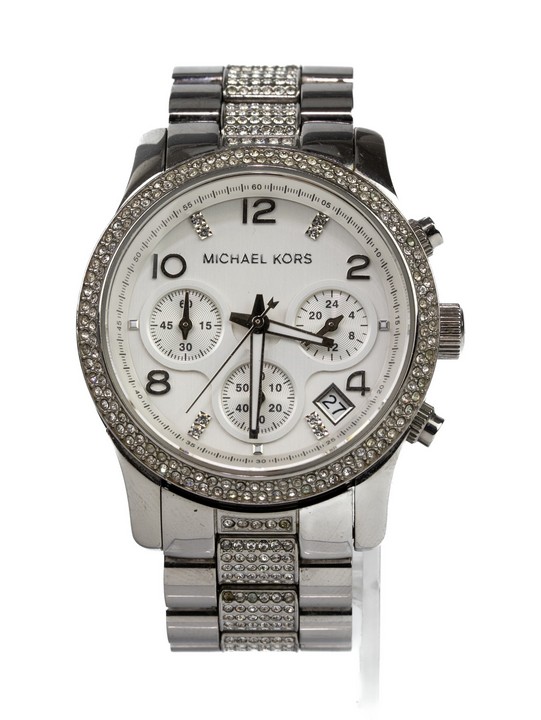 Michael Kors MK-5825 Stainless Steel with Clear Stones White Dial Quartz Chronograph Watch. Currently Running. (Some Stones Missing) (VAT Only Payable on Buyers Premium)