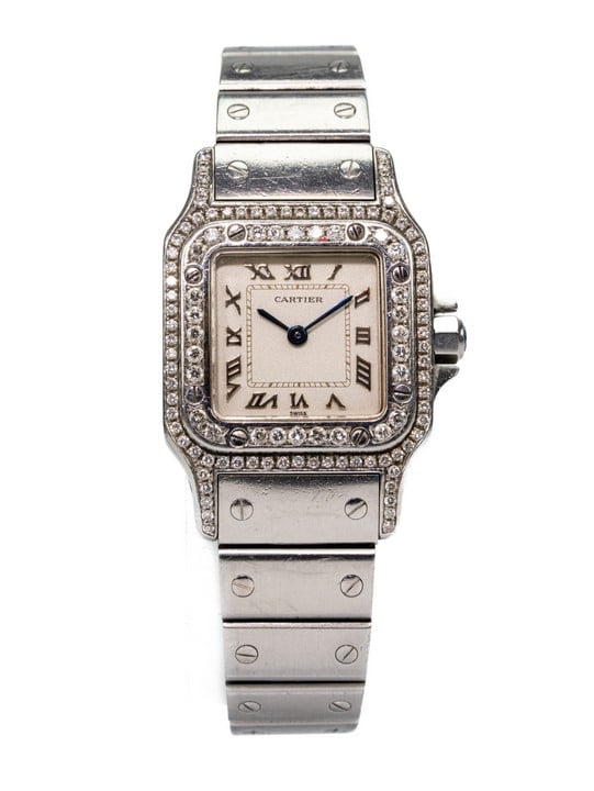 Cartier Santos Galbée Ref: 1565 Quartz Watch. 24mm Stainless Steel Aftermarket Diamond Case with Stainless Steel Aftermarket Diamond Screw-Down Bezel, Cream Dial and Stainless Steel Bracelet. Age: Un