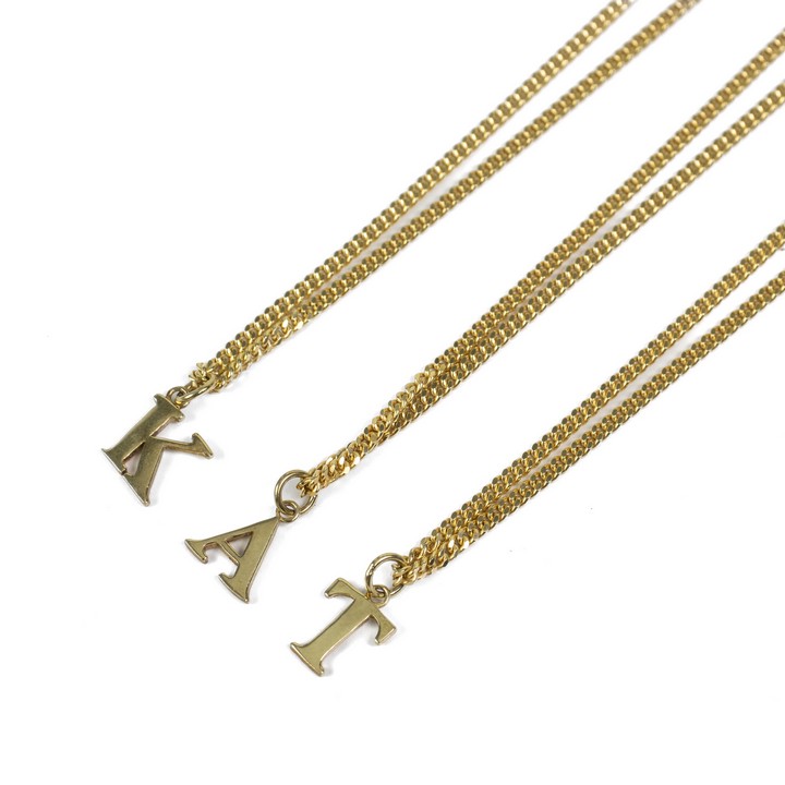 Silver Gold Plated Selection of Three Initial K, A and T Pendants and Chains, 50cm, total weight 27g (VAT Only Payable on Buyers Premium)