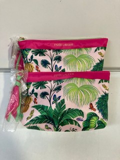 2 X ESTEE LAUDER RUBEN TOLEDO TROPICAL PRINTED MAKEUP BAGS, WITH MAKE UP SAMPLES TO INCLUDE DOUBLE WEAR MASCARA & REVITALIZING SUPREME RRP £200.00