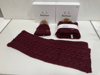 2 X BARBOUR CABLE SCARF AND POM POM HAT SETS IN BORDEAUX, RRP £54.95 EACH