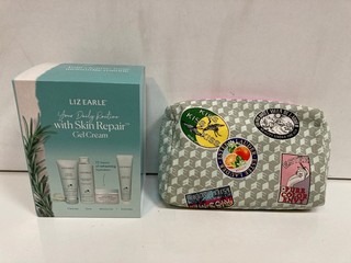 A LIZ EARLE SKIN REPAIR CREAM SET TOGETHER WITH A ESTEE LAUDER COSMETIC BAGS WITH ASSORTED COSMETICS