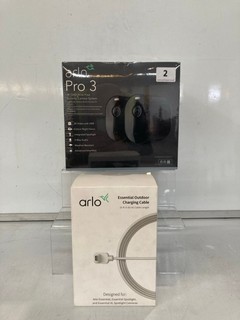 A ARLO PRO 3 2K QHD WIRE-FREE SECURITY CAMERA SYSTEM SEALED, TOGETHER WITH ARLO PRO 25FT ESSENTIAL OUTDOOR CHARGING CABLE RRP £200
