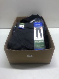 BOX OF ASSORTED CLOTHING INC ORVIS 5 POCKET PANT (GREY) SIZE: 36 X 32